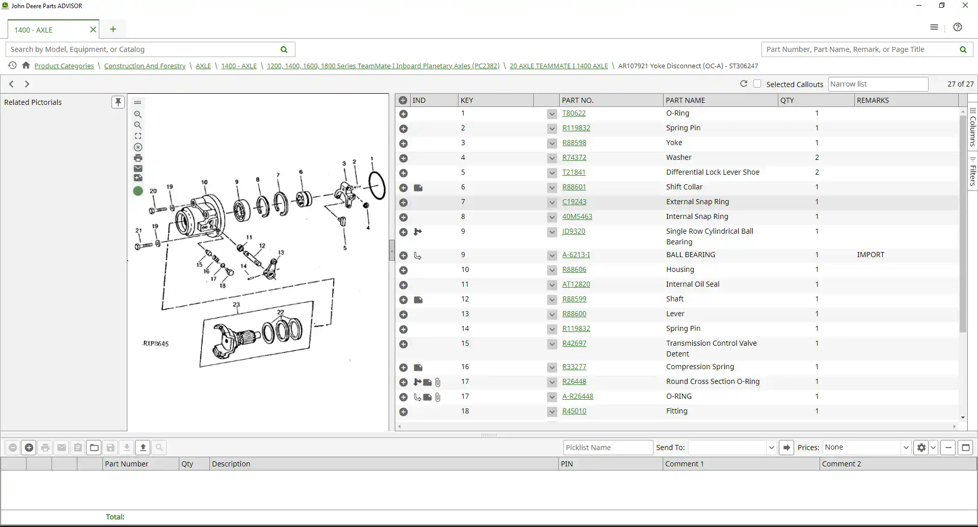 High-quality diagram of John Deere planetary axle components for agricultural machinery, detailing parts such as yoke, washers, snap rings, and bearings for maintenance and repair reference.