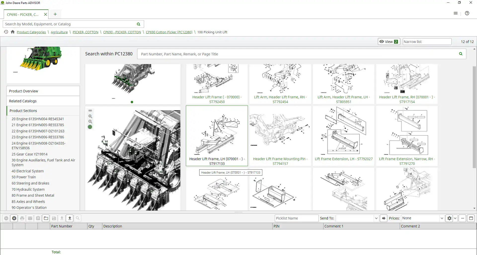 Loader lift frame assembly for John Deere agricultural equipment, diagram showing parts and technical drawings.