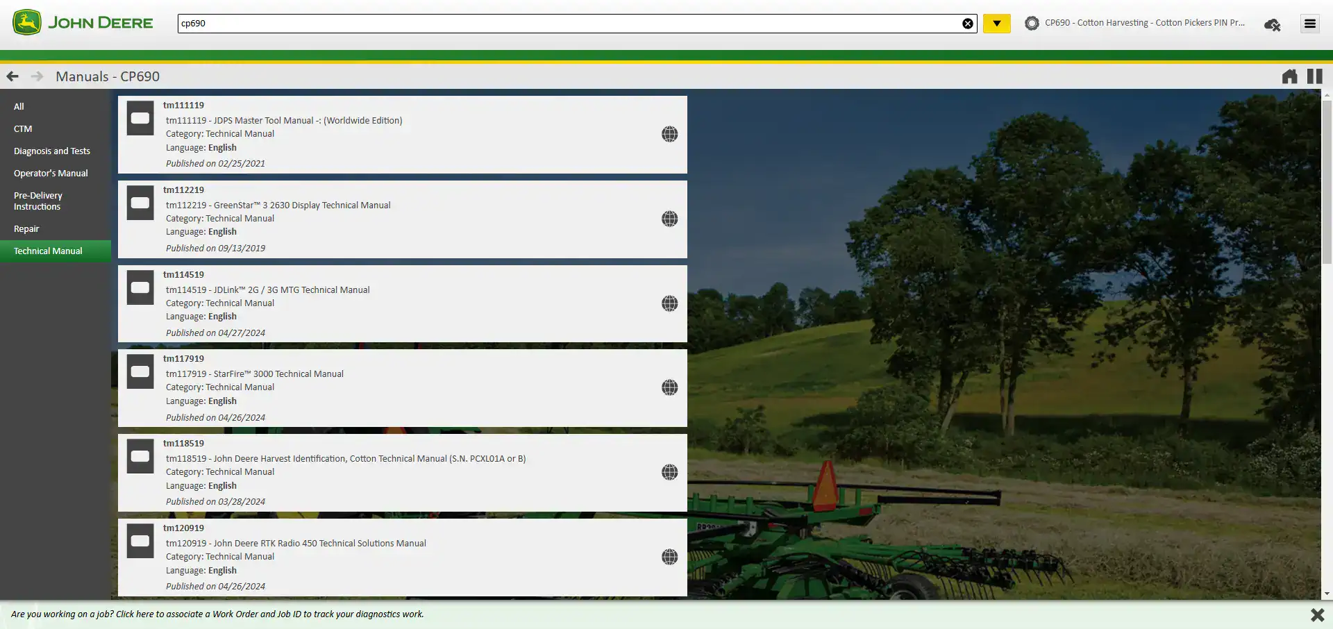John Deere technical manuals collection on JCE AG website, featuring manuals for equipment maintenance and operation, including cotton harvesters and display systems, emphasizing agricultural machinery expertise.
