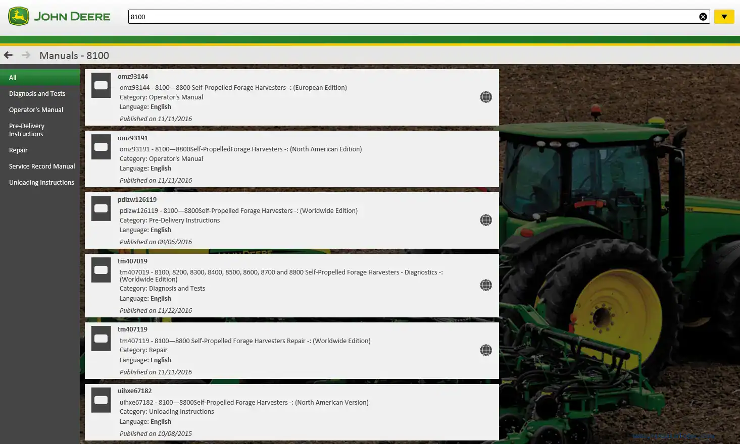 Self-propelled forage harvester manual for John Deere 8100 series, digital catalog, operator's guide in English, ideal for agricultural equipment maintenance and repair.